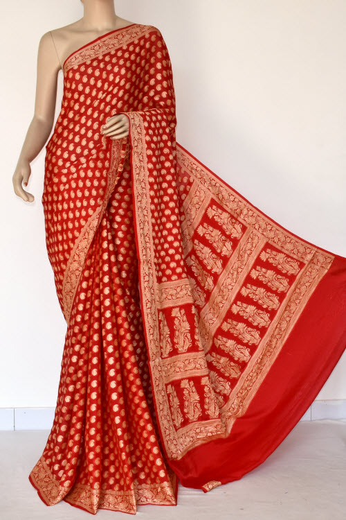 Buy Red Banarasi Handloom Khaddi Georgette Saree (With Blouse) Allover  Resham Weaving 16168 | www.maanacreation.com