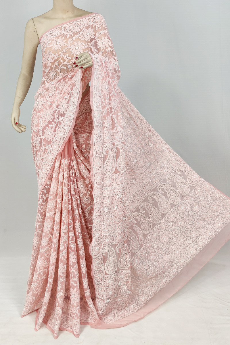 Peach Colour Georgette Lucknowi Chikankari Saree With Blouse With Mukaish Work MC253128