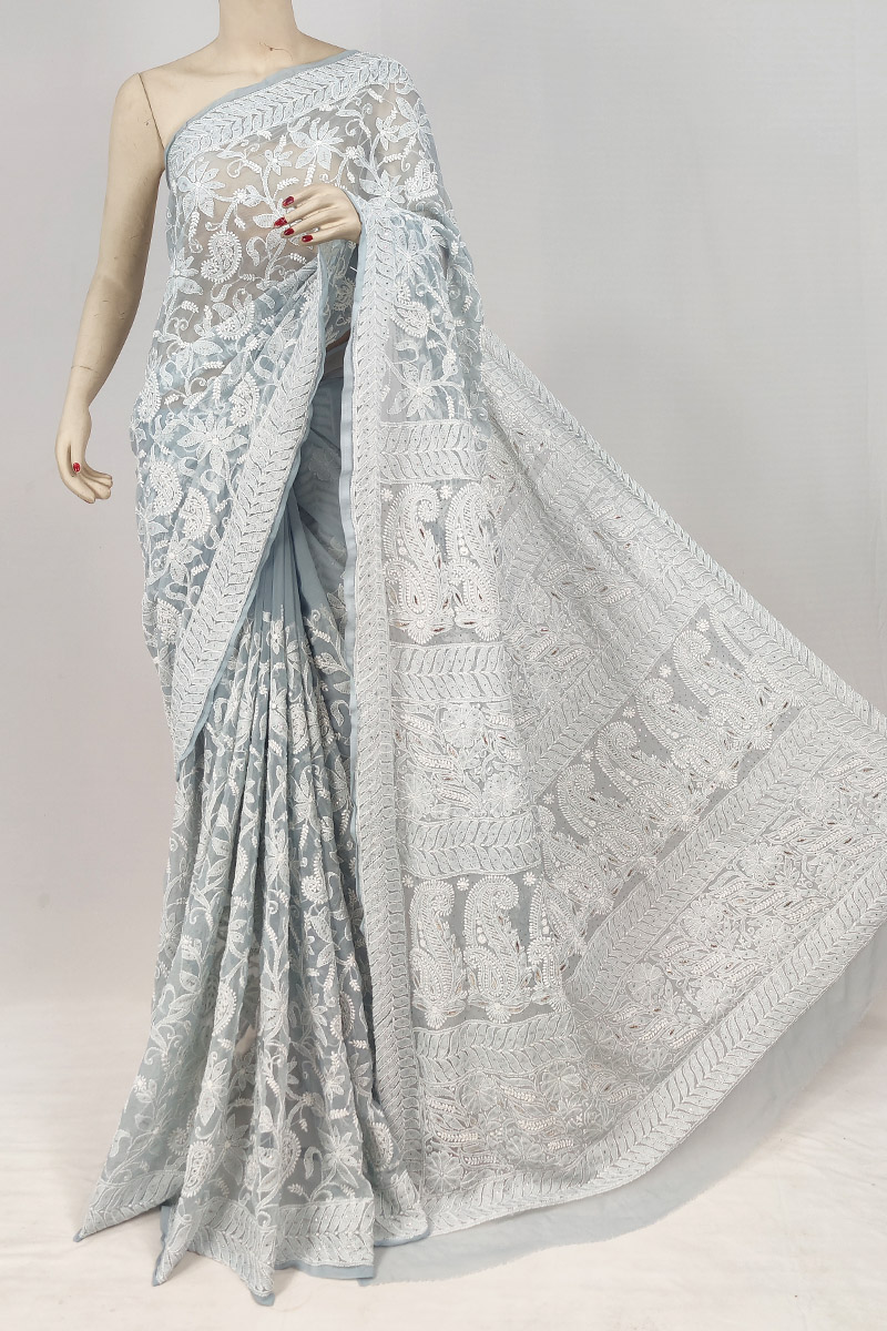 Gray Colour Georgette Lucknowi Chikankari Saree With Blouse With Mukaish Work MC253129