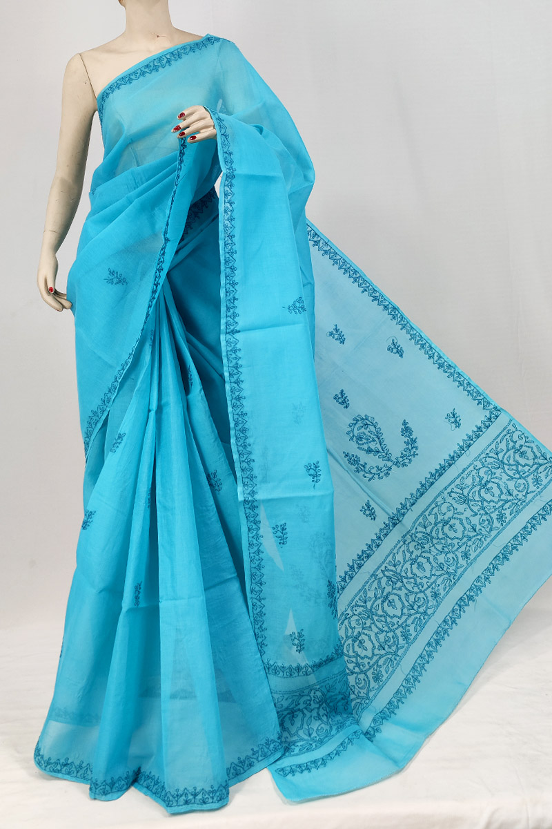 Blue Colour Cotton Chikankari Saree With Blouse MC253134