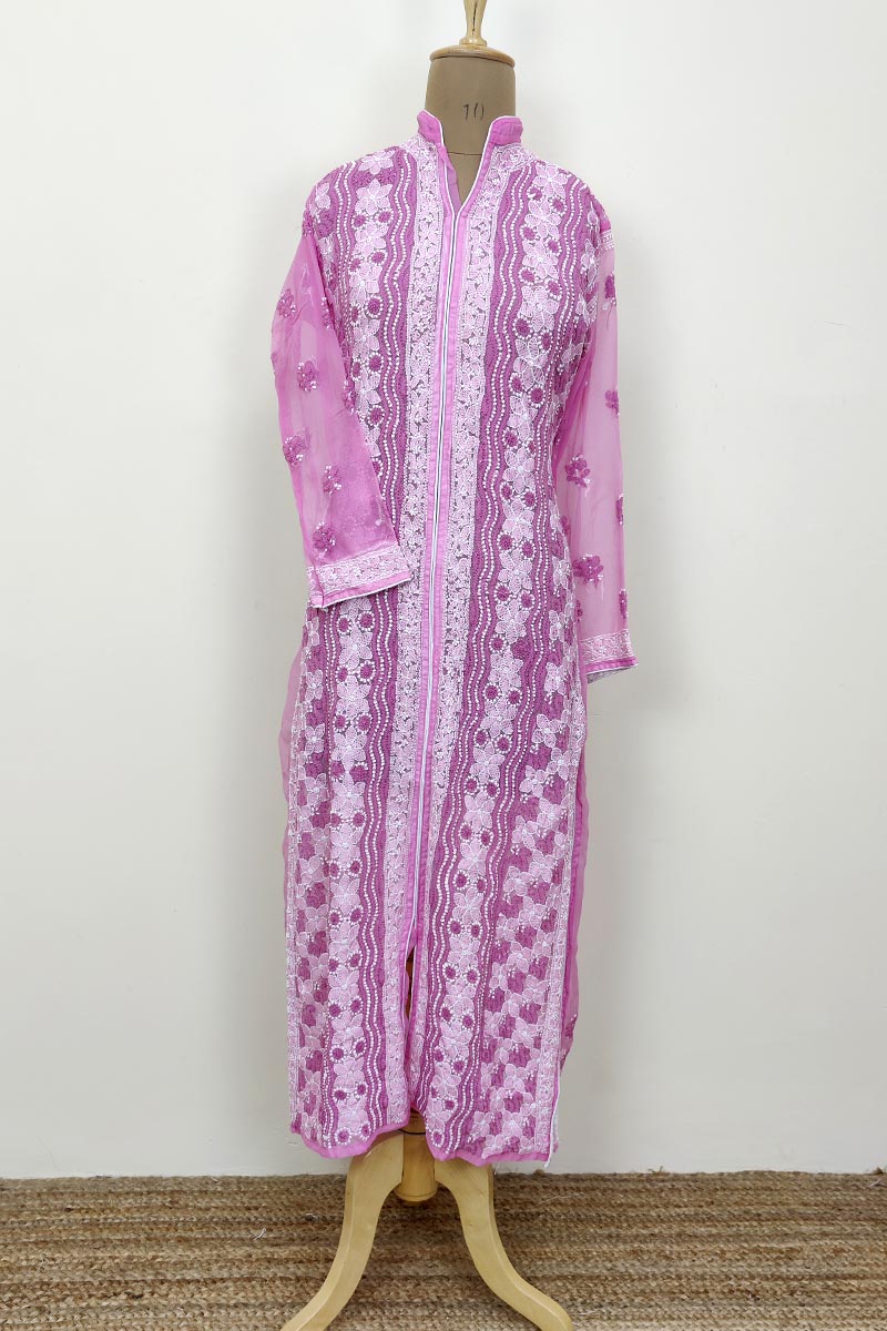 Pink Colour Georgette Front Jaal Lucknowi Chikankari Kurti Mc252670