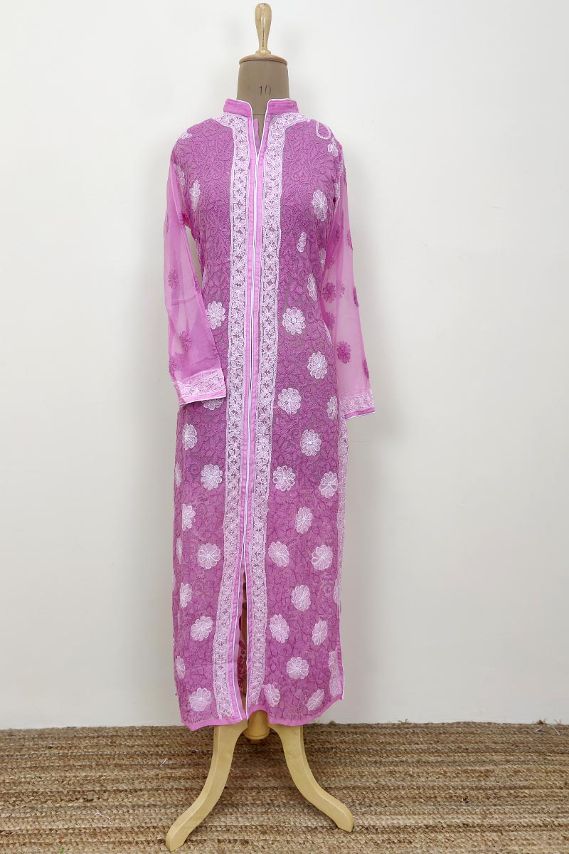 Pink Colour Georgette Front Jaal Lucknowi Chikankari Kurti Mc252673