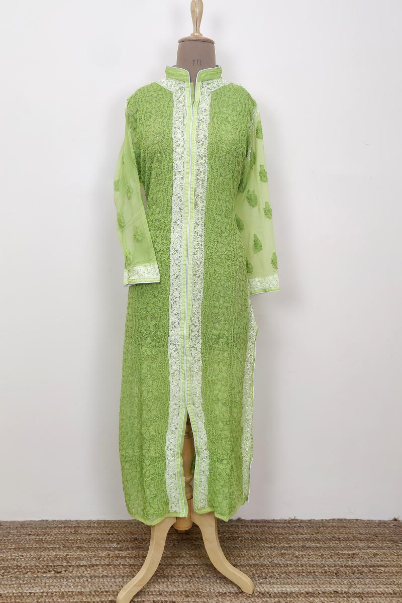 Light Green Colour Georgette Front Jaal Lucknowi Chikankari Kurti Mc252674