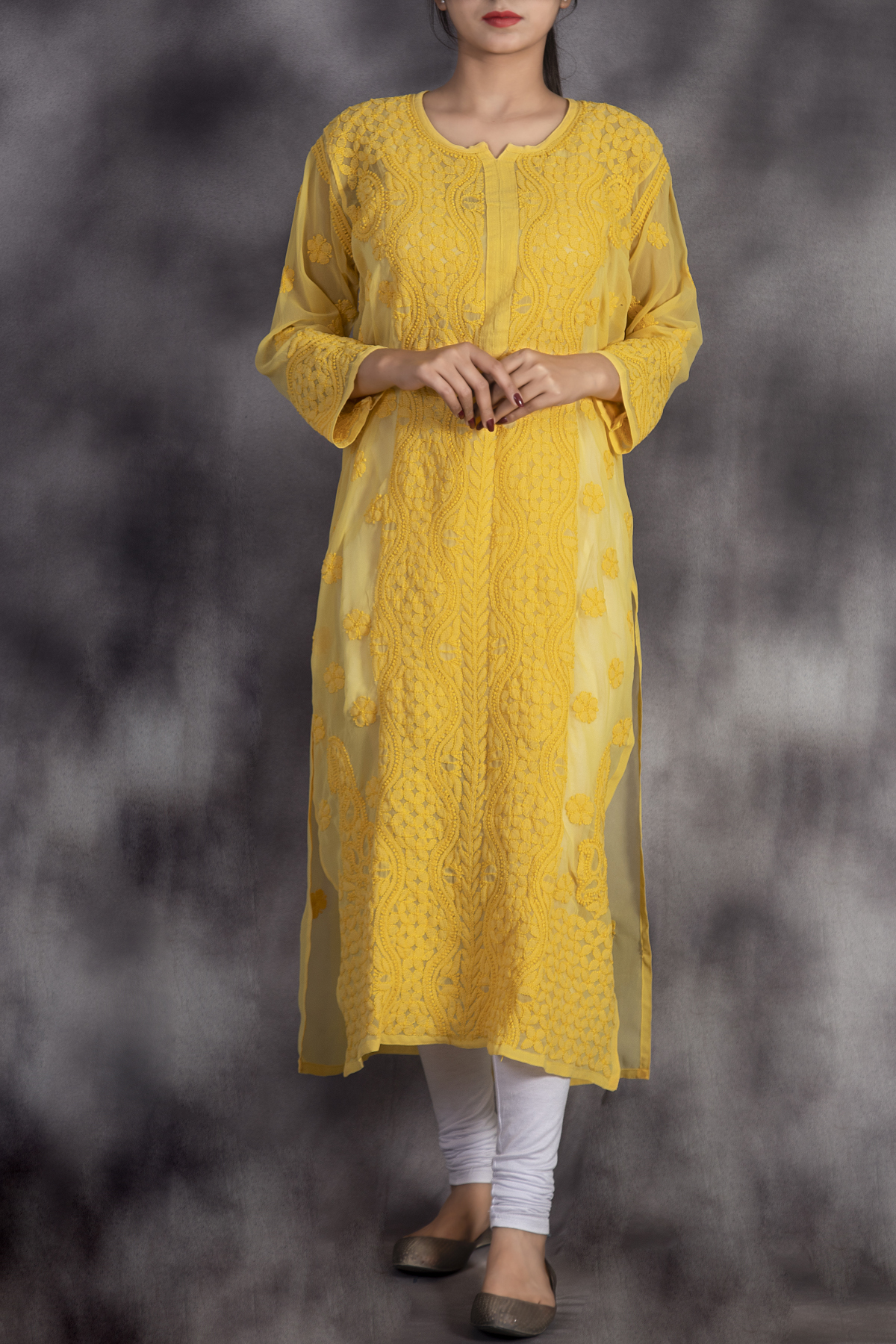 Buy Hand Embroidered Yellow Lucknowi Chikan Kurti-(Georgette)-GA250648 |  www.maanacreation.com