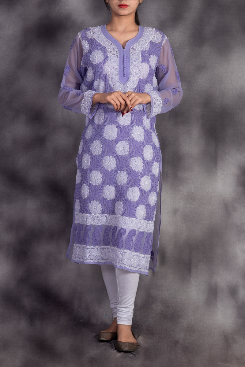 Buy Lavender Hand Embroidered Lucknowi Chikankari Long Kurti (Georgette)  Bust-40 inch 13733 | www.maanacreation.com