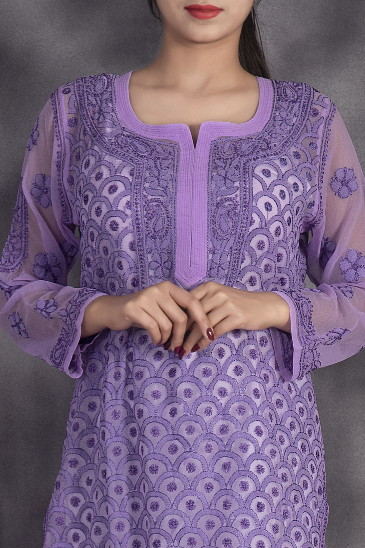 Lilac Georgette Straight Lucknowi Chikankari Ethinic Wear Kurta - Ratan  Sarees