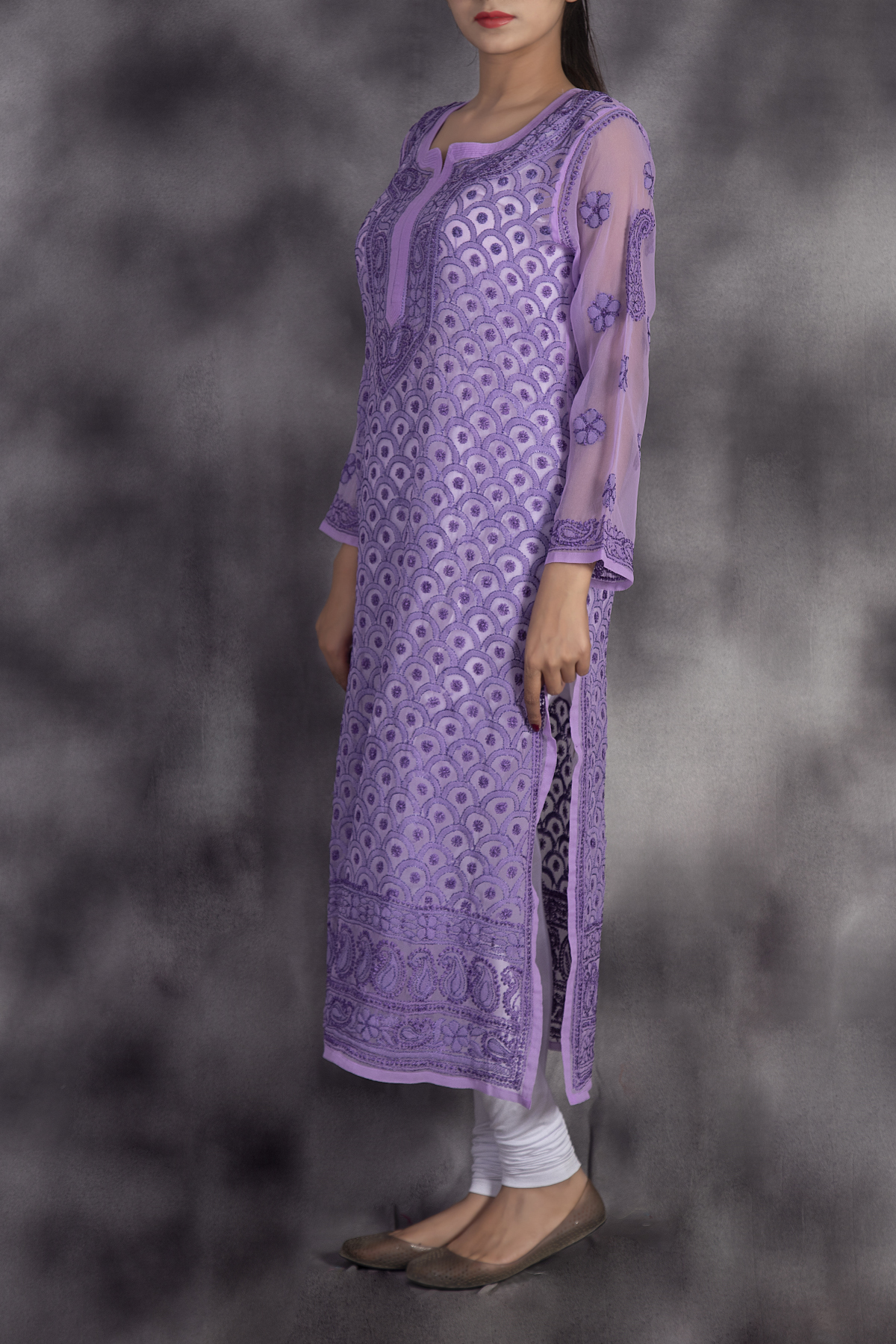 Lavender Georgette Chikankari Mukaish Work Kurta Palazzo Set - Viscose  Georgette / Orchid / L(40) | Pure chiffon, Lucknowi suits, Georgette fabric