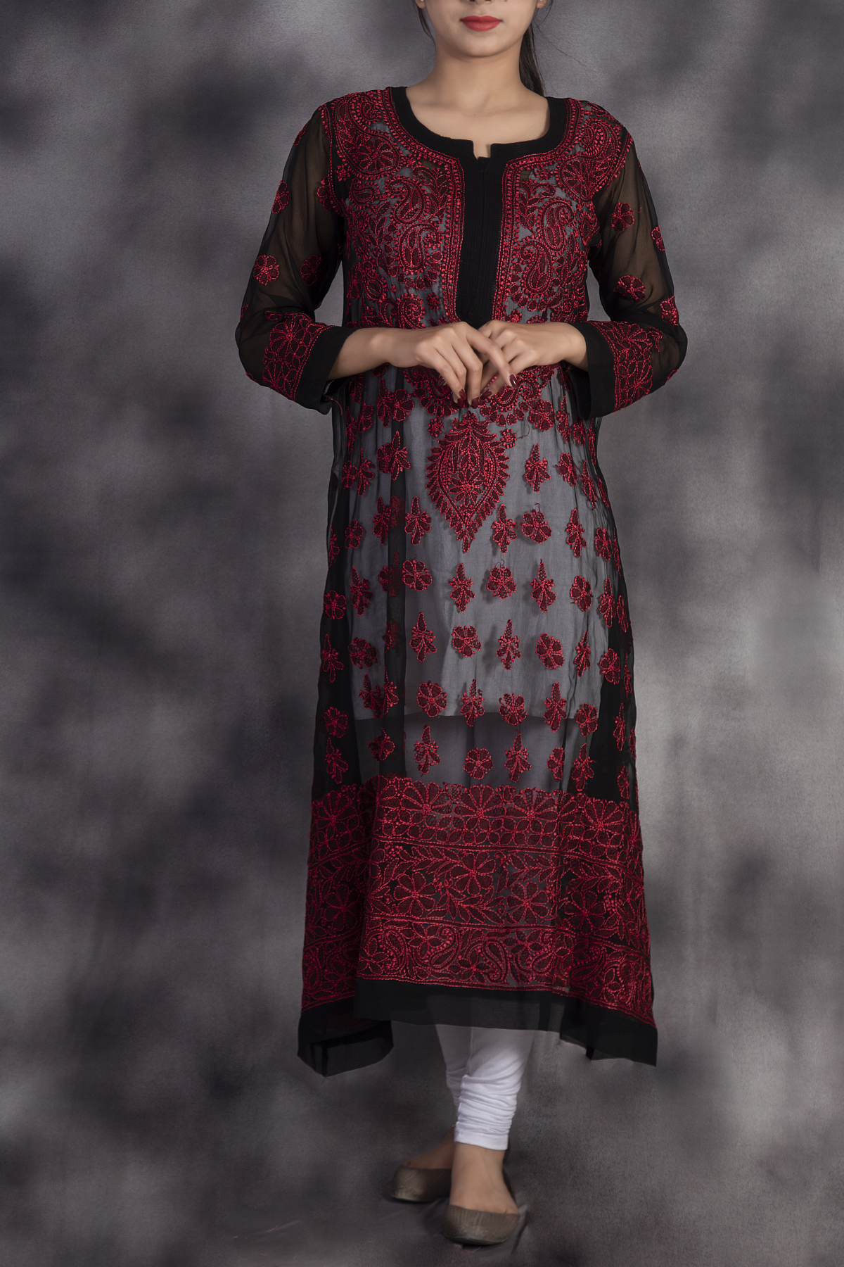 Hand Embroidered Black Georgette Chikankari Anarkali Kurti – UrbanWardrobe