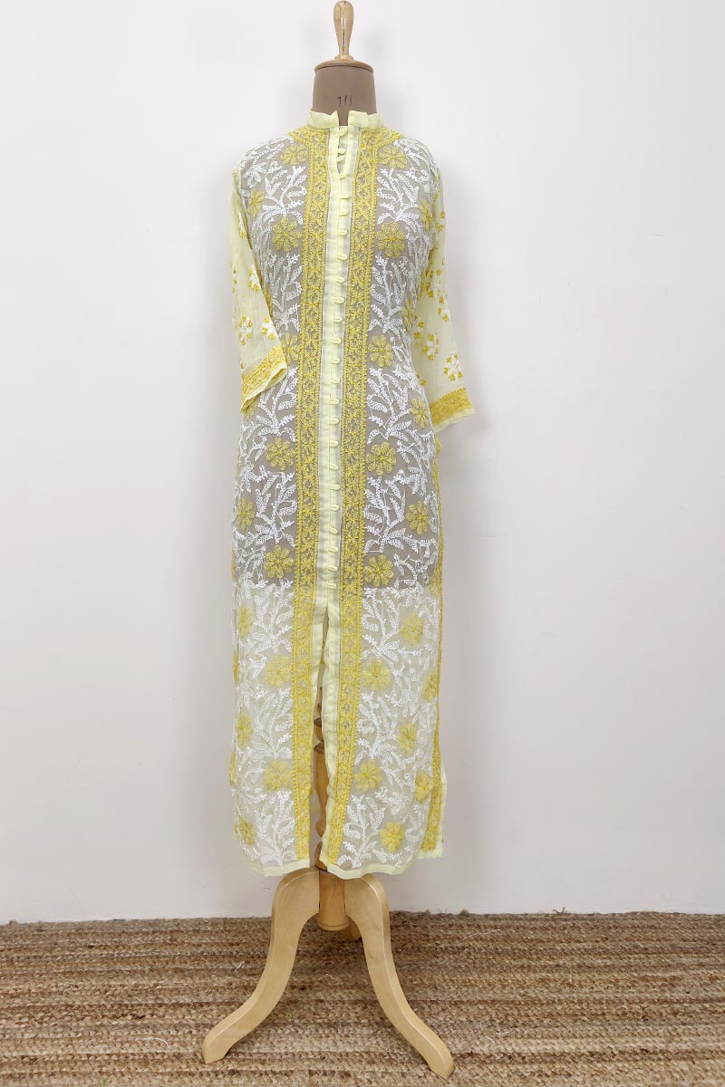 Yellow Colour Georgette Front Jaal Lucknowi Chikankari Kurti Mc252678