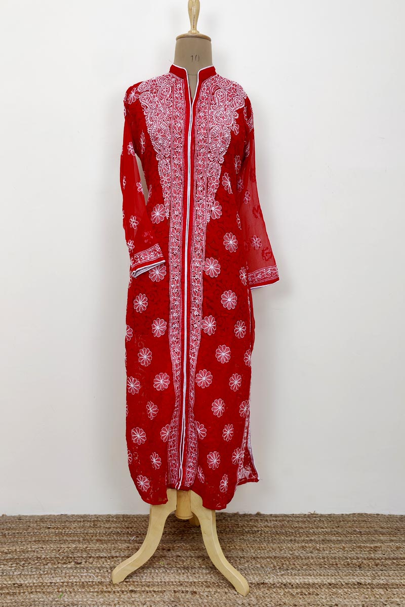 Red Colour Georgette front jaal Lucknowi Chikankari Kurti MC252680