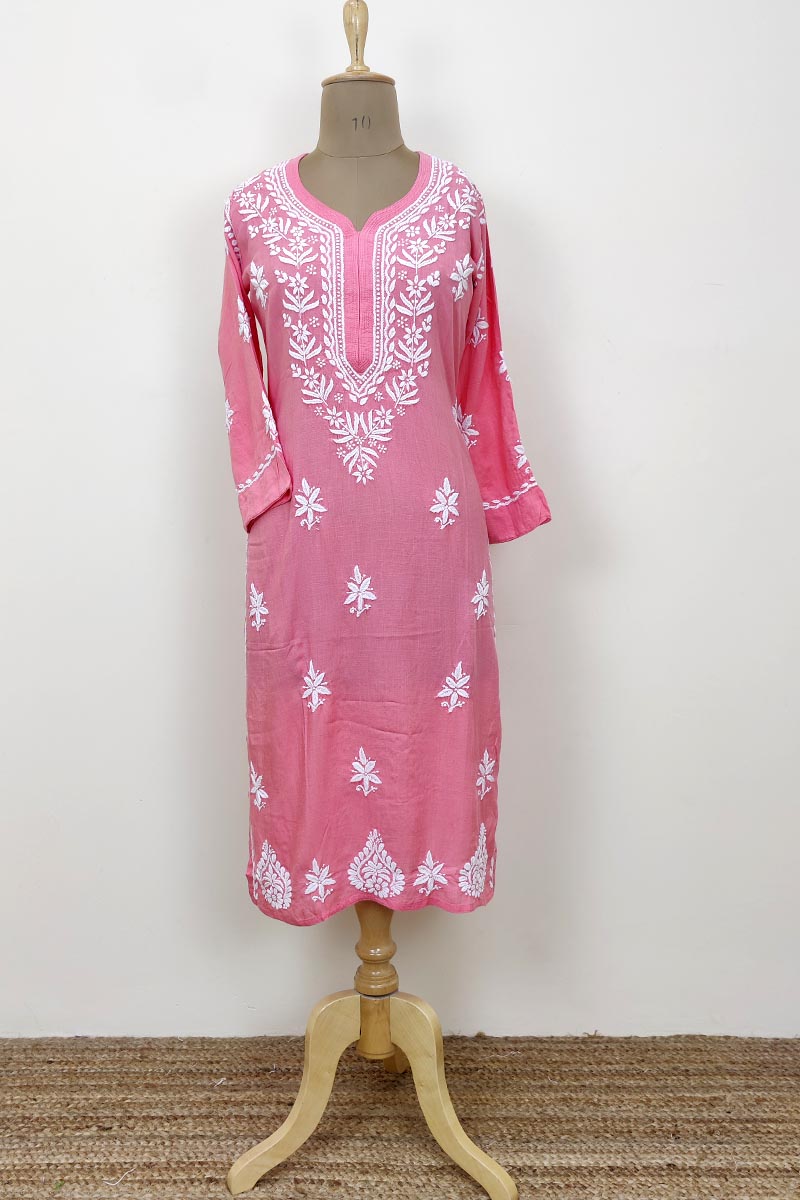 Peach Color Hand Embroidered Lucknowi Chikankari  Ghaas Patti Kurta (reyon Cotton) Mc252682