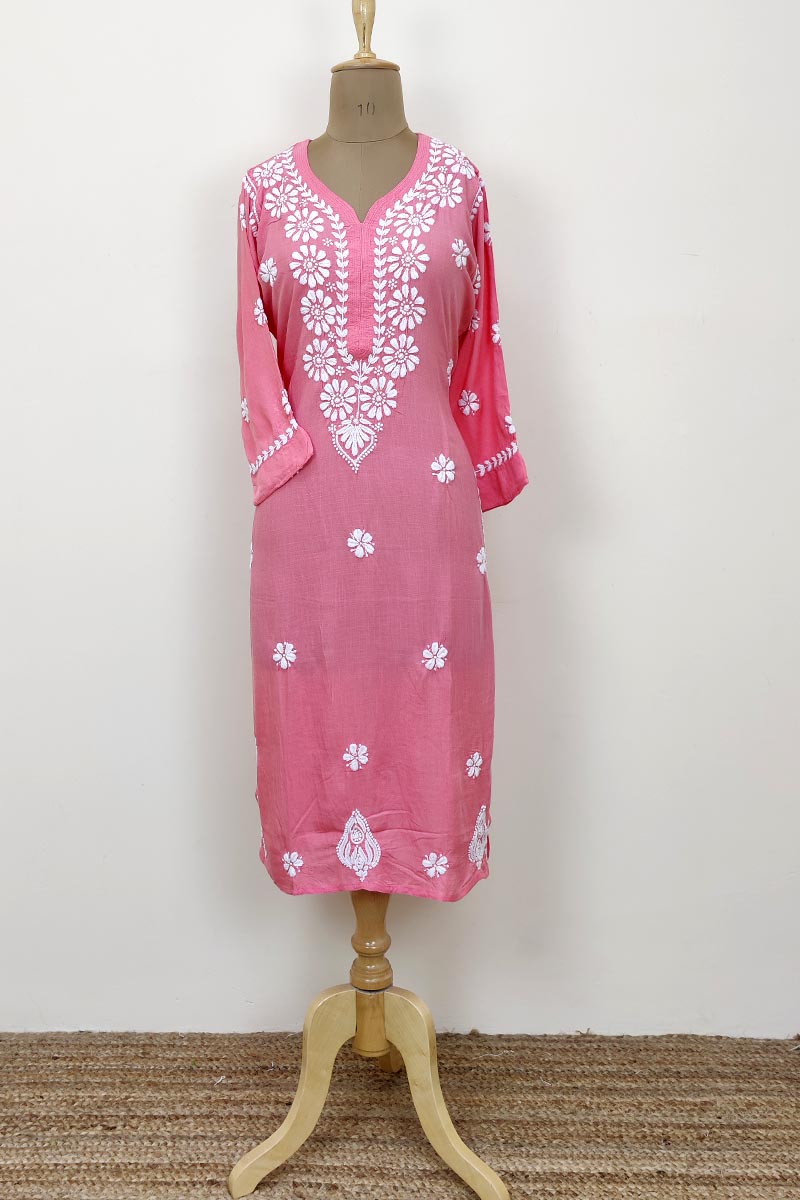 Peach Color Hand Embroidered Lucknowi Chikankari  ghaas Patti Kurta (Reyon Cotton) MC252683