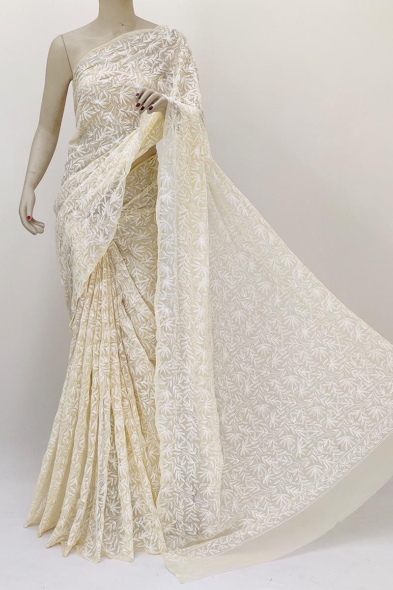 Fawn Color Hand Embroidered Tepchi Work Lucknowi Chikankari Saree With Blouse (faux Georgette) Mn252136