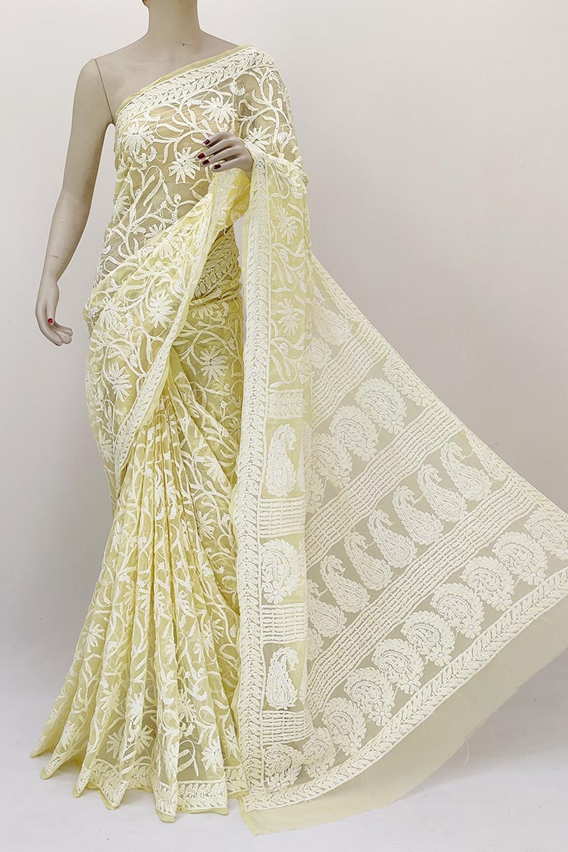 Fawn Color Allover Hand Embroidered Lucknowi Chikankari Saree (with Blouse - Georgette) Mn252141