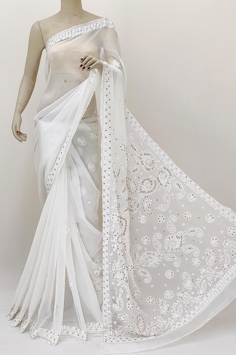 White Color Hand Embroidered Gotta Patti Work Lucknowi Chikankari Saree With Blouse (faux Georgette) Mn252146