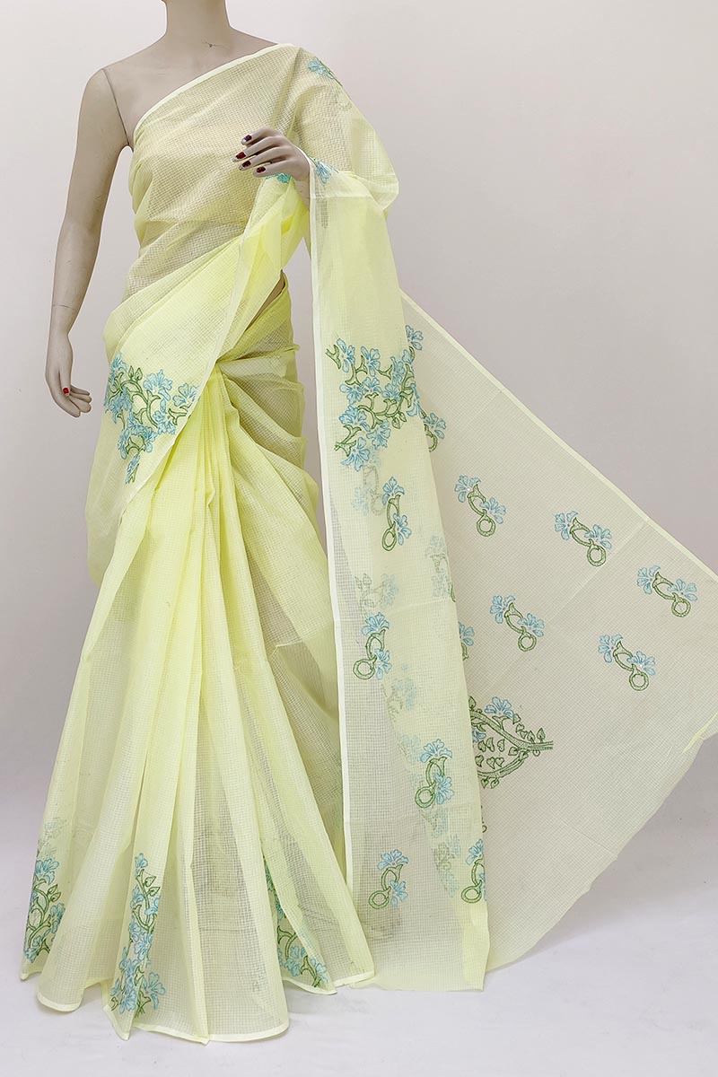 Lemon Color Hand Embroidered Work Lucknowi Chikankari Saree Without Blouse (kota Cotton) Mn252149