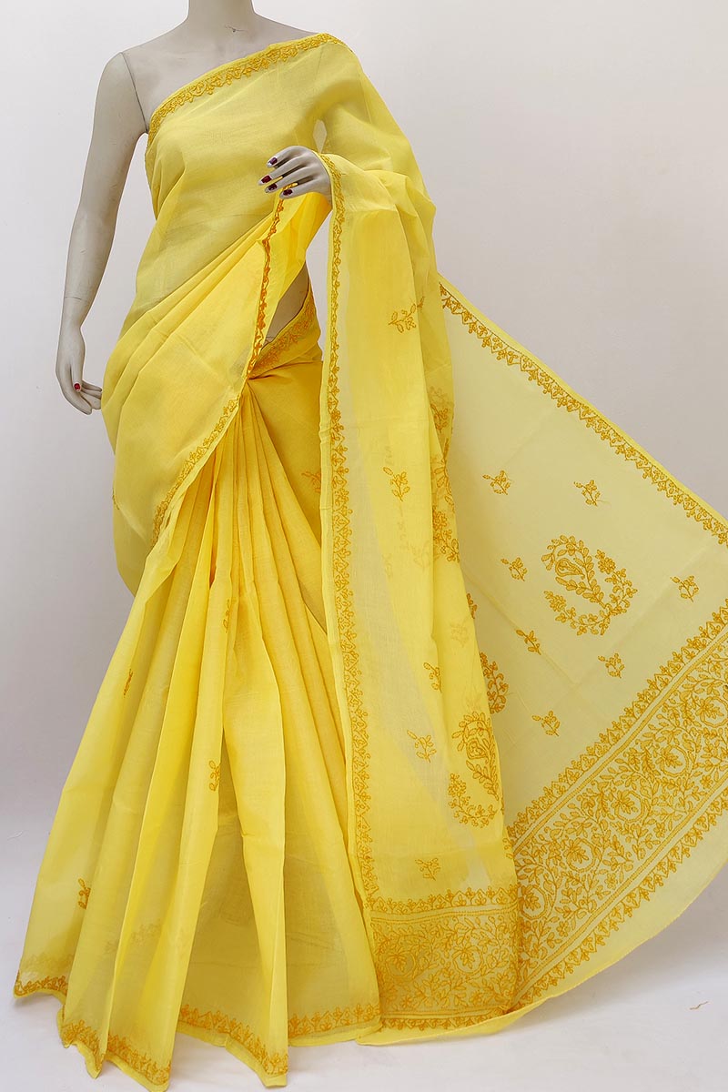 Yellow Color Designer Hand Embroidered Lucknowi Chikankari Saree (with Blouse - Cotton) Mn252167