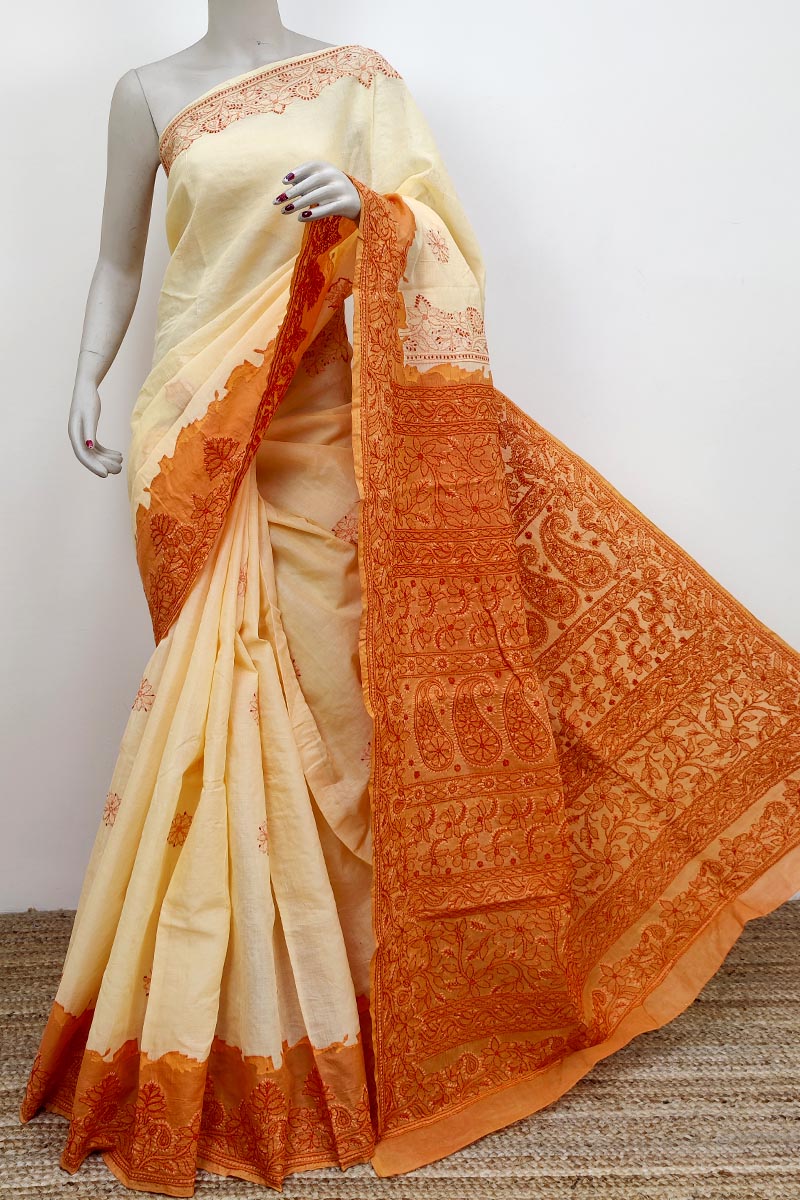 Orange Color Cotton Hand Embroidered Work Lucknowi Chikankari Saree( With Blouse) Mc252725