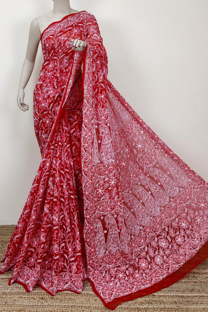 Red Colour Georgette Lucknowi Chikankari saree with (Blouse with) MC252731