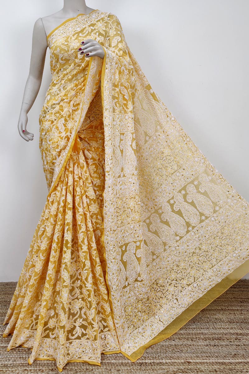 Mustard Yellow  Colour Georgette Lucknowi Chikankari (saree With Blouse) With Mukaish Work Mc252734