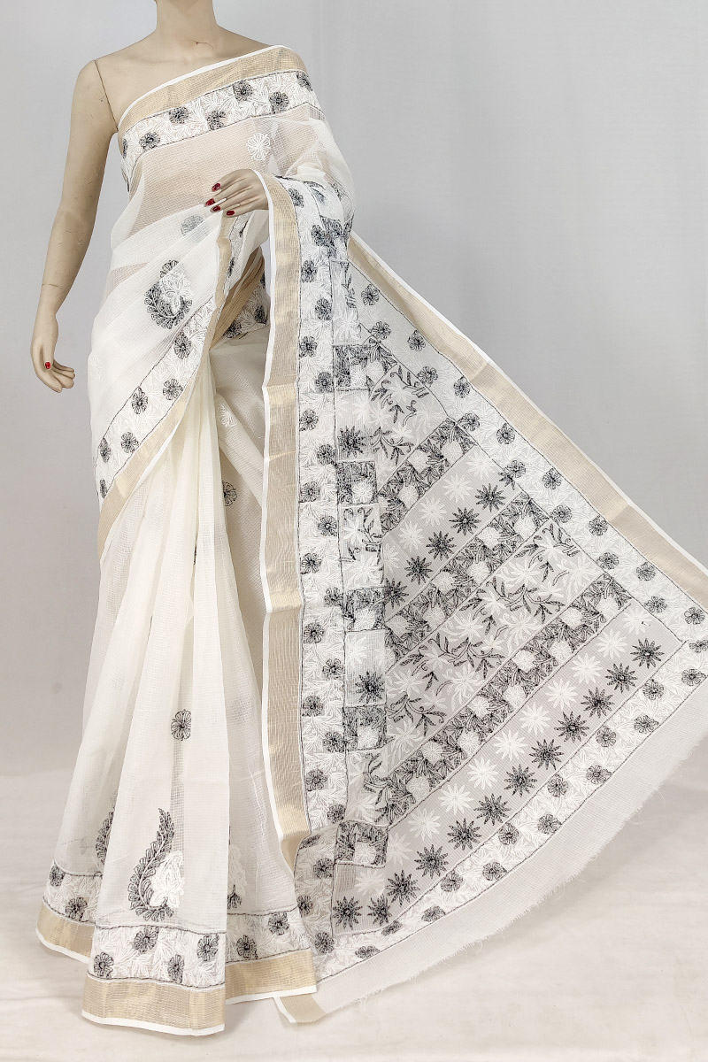White Kota Cotton Tepchi Work Saree With Zari Border & With Blouse Alka chikan MC253154