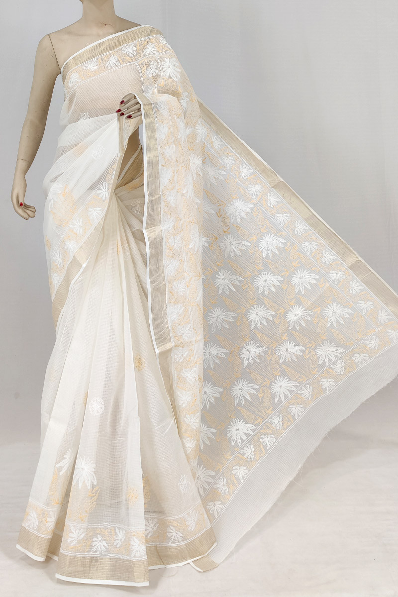 White Kota Cotton Tepchi Work Saree With Zari Border & With Blouse MC253155