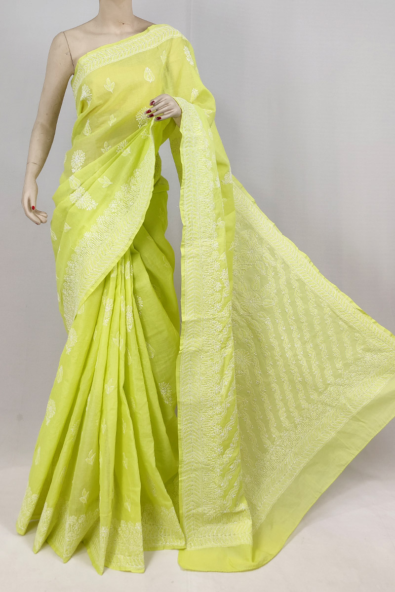 Green Colour Cotton Chikankari Saree With Blouse MC253159