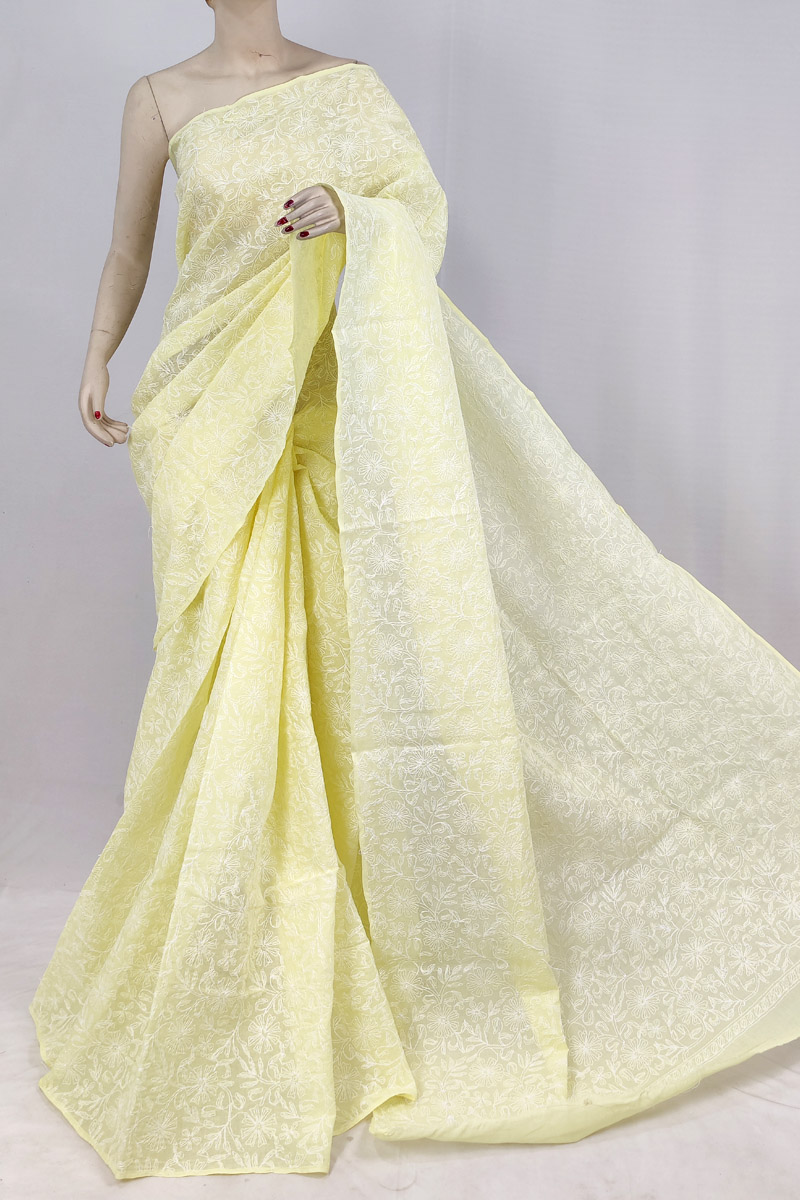 Yellow Color Cotton Tepchi Work Chikankari Saree With Blouse MC253160