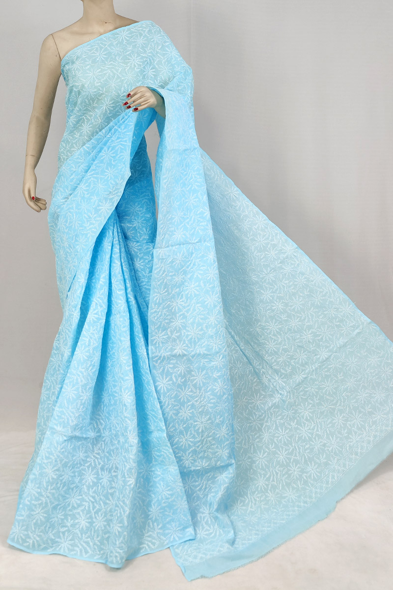 Sky Blue Cotton Tepchi Work Chikankari Saree With Blouse MC253161