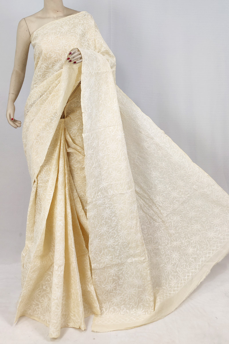 Fawn Cotton Tepchi Work Chikankari Saree With Blouse MC253162