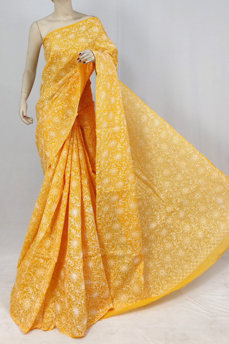 Orange Cotton Tepchi Work Chikankari Saree With Blouse MC253163