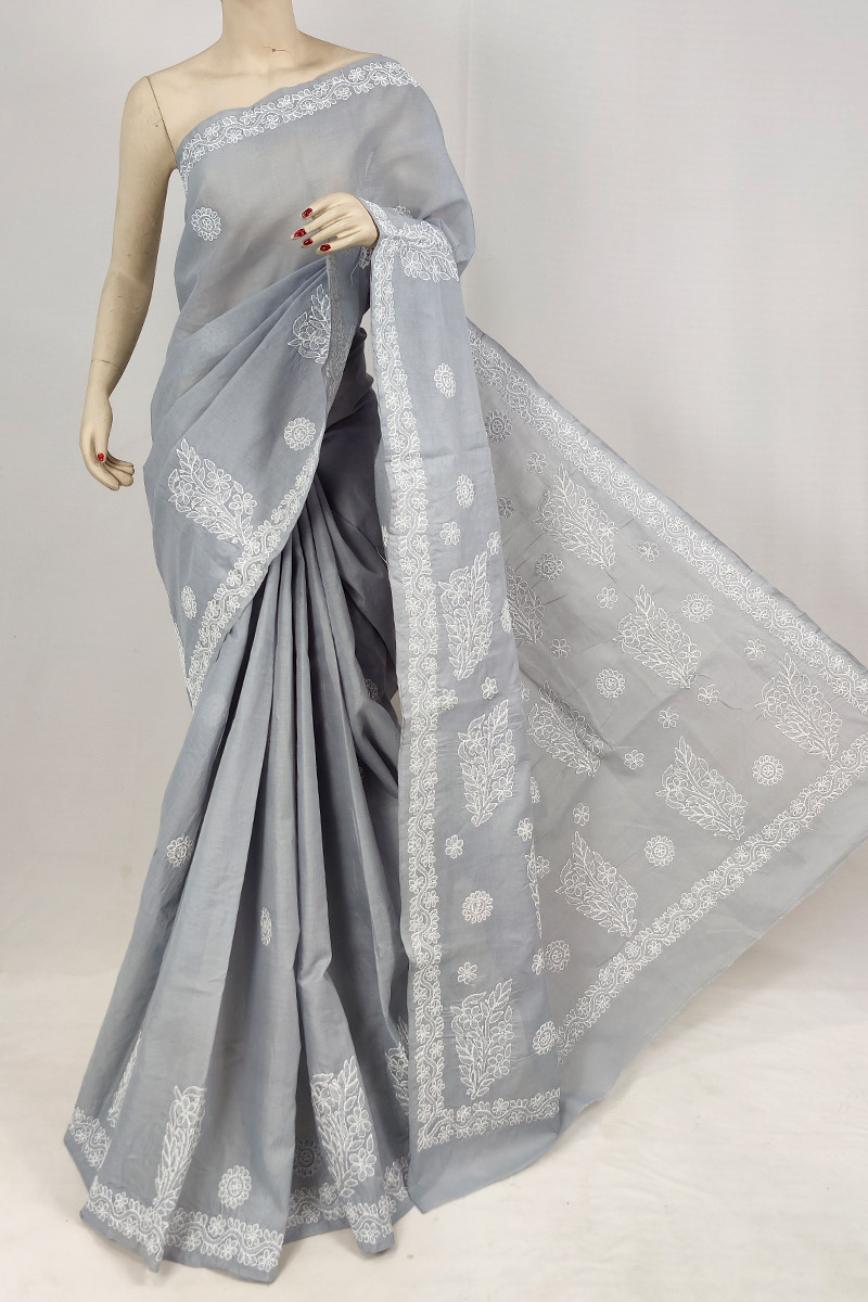 Gray Colour Cotton Chikankari Saree With Blouse MC253165