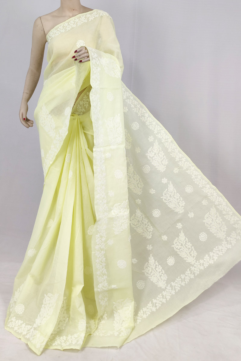 Light Yellow Colour Cotton Chikankari Saree With Blouse