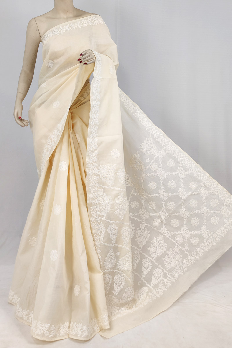 Fawn Colour Cotton Chikankari Saree With Blouse MC253168