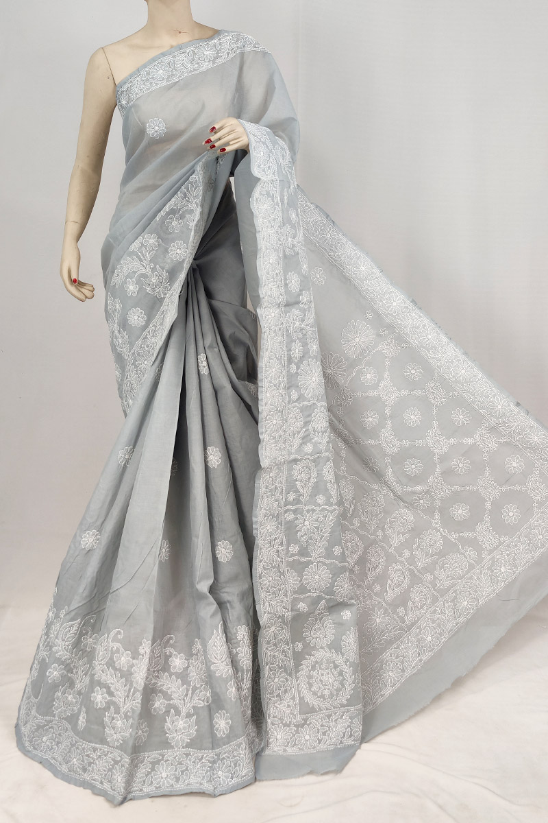 Gray Colour Cotton Chikankari Saree With Blouse MC253172