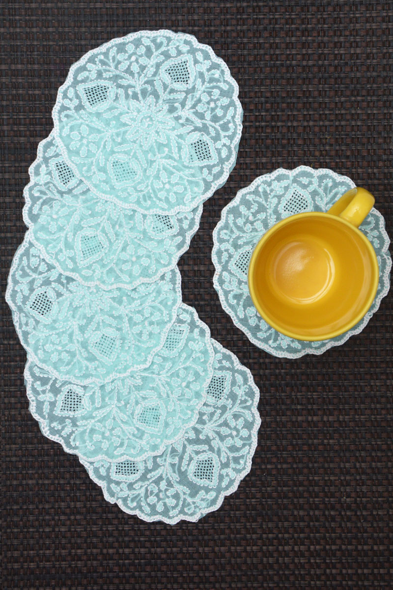 Sea-Green Cotton Chikankari table coaster (6-Pieces) - C0C301