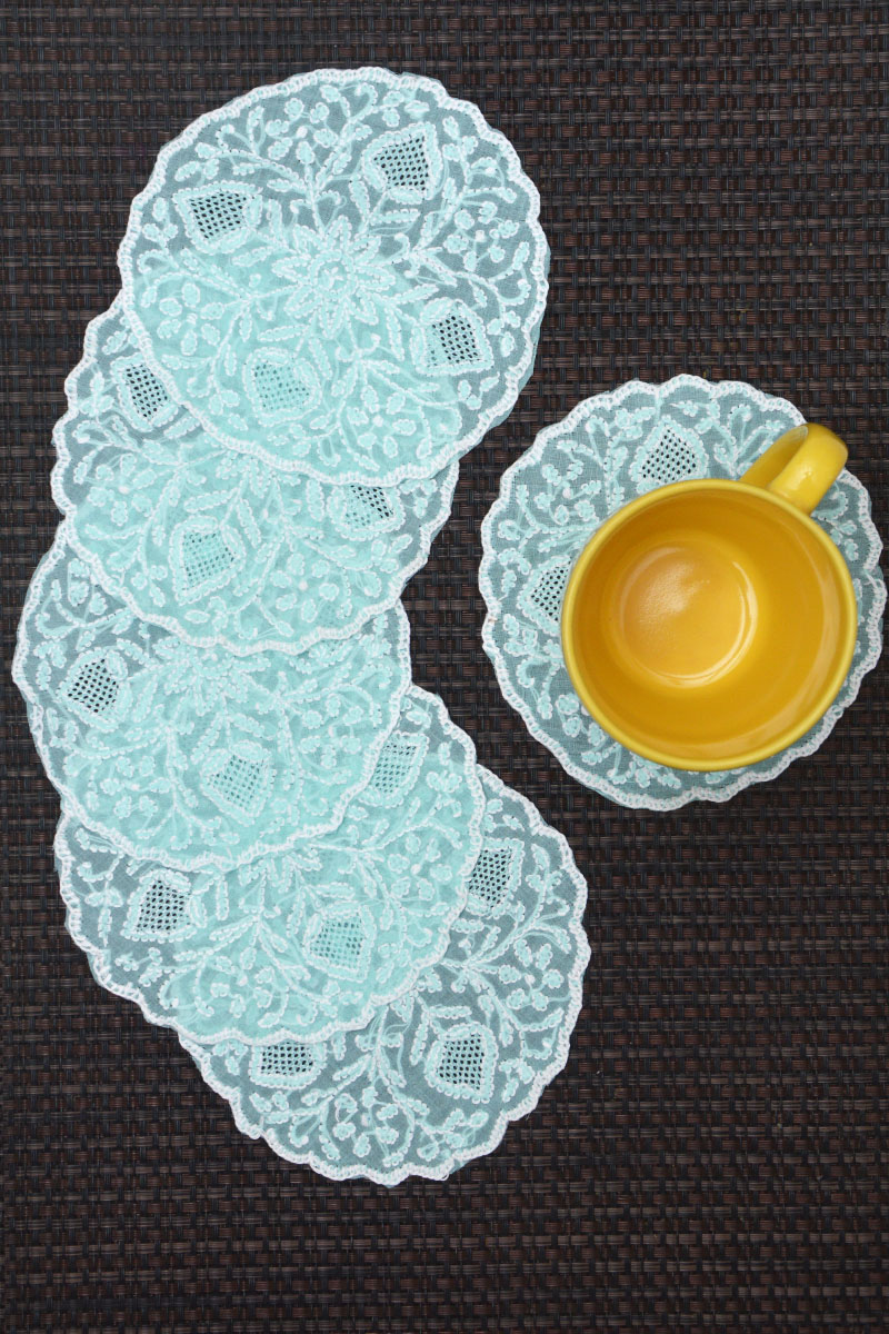 Sea-green Cotton Chikankari Table Coaster (6-pieces) - C0c301