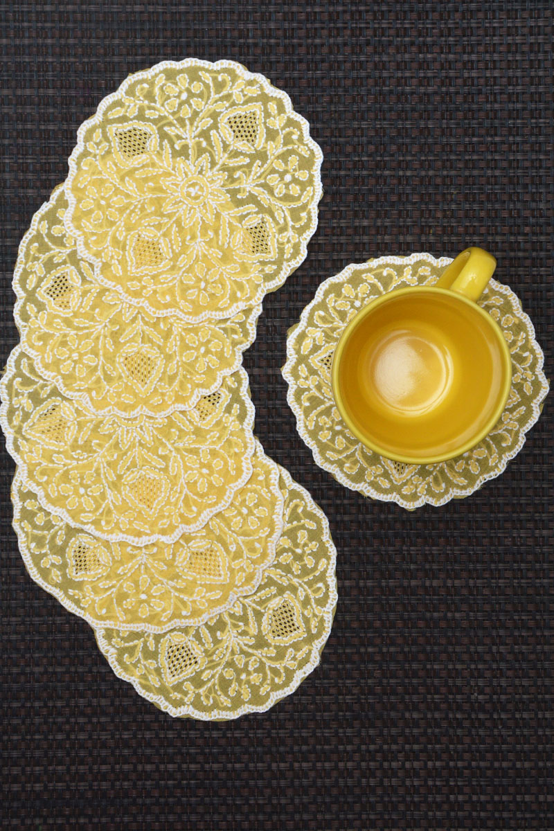 Yellow Cotton Chikankari table coaster (6-Pieces) - C0C302