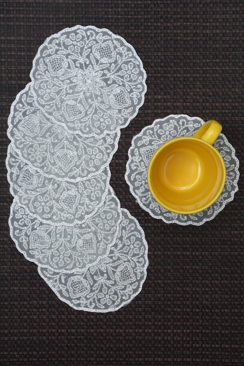 Grey Cotton Chikankari table coaster (6-Pieces) - C0C303