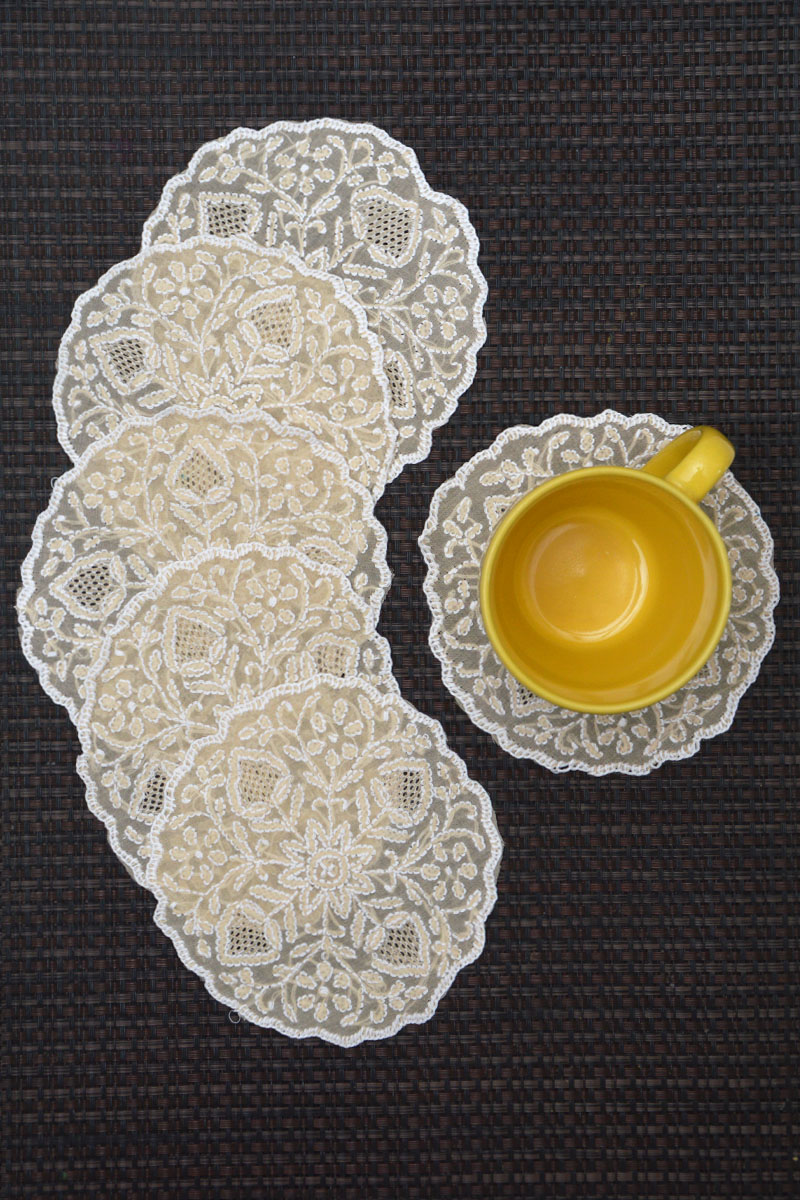 Biege Cotton Chikankari Table Coaster (6-pieces) - C0c305