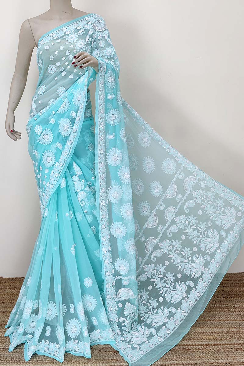 Sea Green Color Hand Embroidered Lucknowi Chikankari Saree (With Blouse - Georgette) MC252410