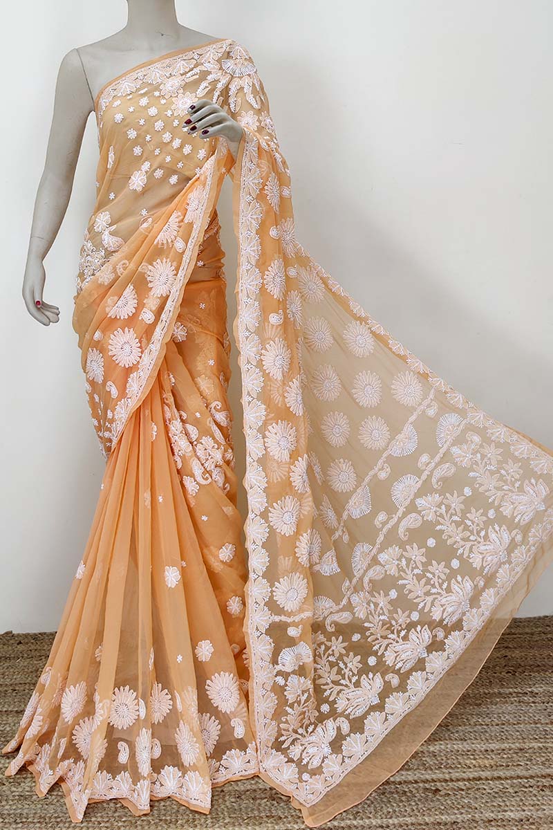 Light Orange Color Hand Embroidered Lucknowi Chikankari Saree (with Blouse - Georgette) Mc252411