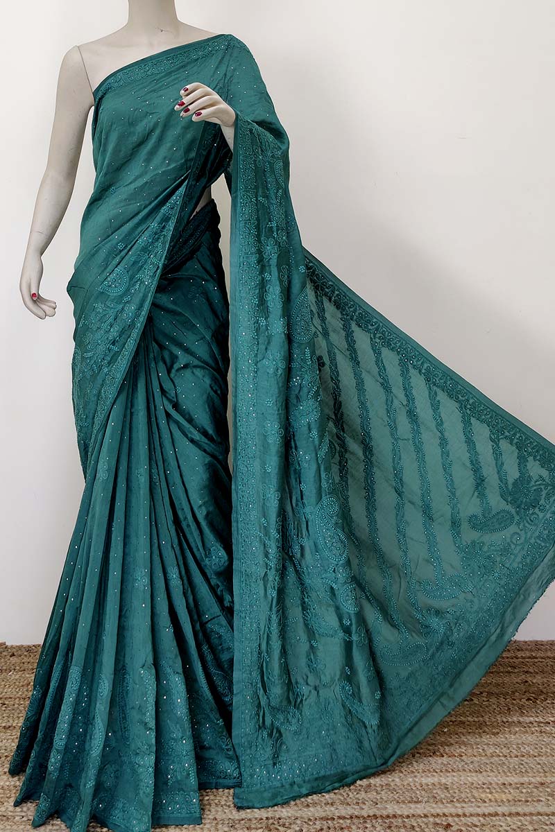 Bottle Green Color Chanderi Silk Chikankari Saree With Mukaish Work (with Blouse) MC252414