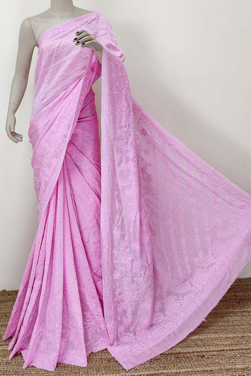 Pink Color Chanderi Silk Chikankari Saree With Mukaish Work (with Blouse) Mc252415