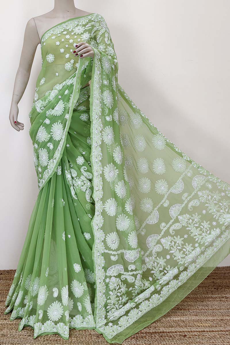 Green Color Hand Embroidered Lucknowi Chikankari Saree (with Blouse - Georgette) Mc252416