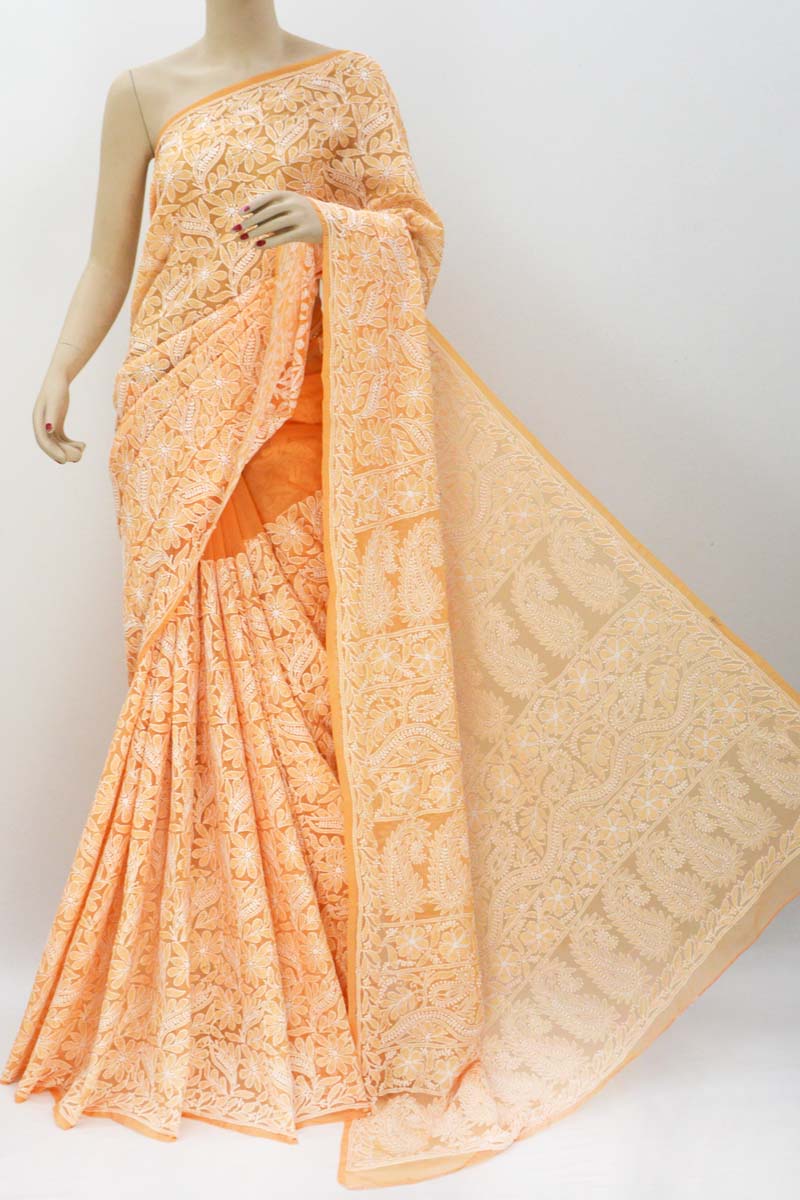 Orange Allover Hand Embroidered Lucknowi Chikankari Saree (With Blouse - Georgette) MC251353