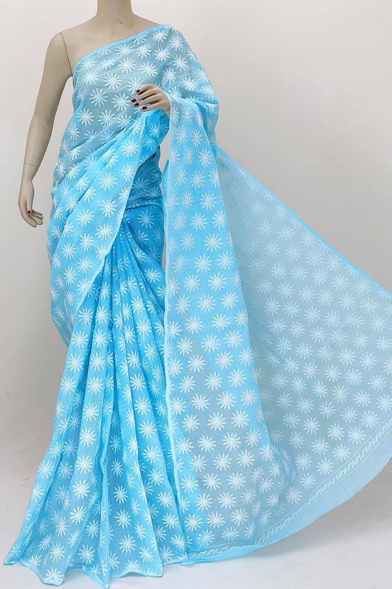 Blue Color Kota Cotton Hand Embroidered Tepchi Work Lucknowi Chikankari Saree (with Blouse - Cotton) Mn252174