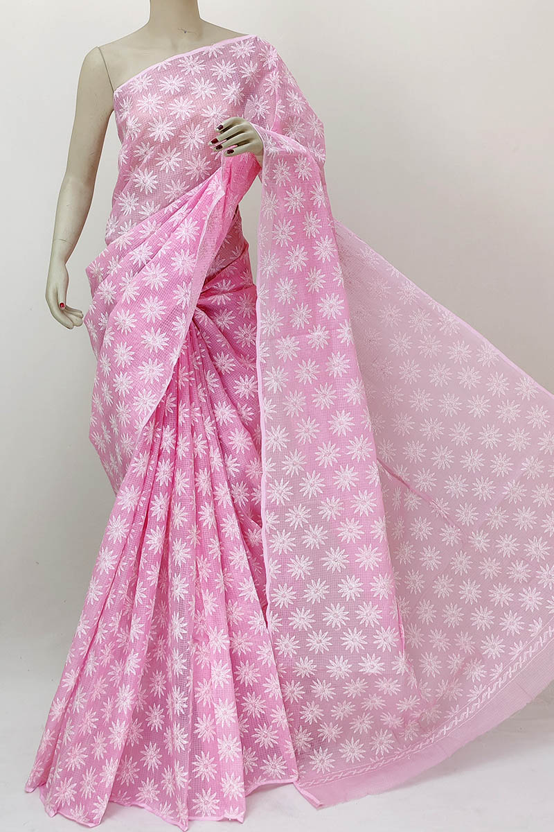 Pink Color Hand Embroidered Tepchi Work Lucknowi Chikankari Saree (with Blouse - Cotton) Mn252180
