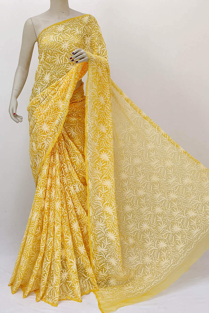 Yellow color Hand Embroidered Tepchi Work Lucknowi Chikankari Saree With Blouse (Georgette) MN252188