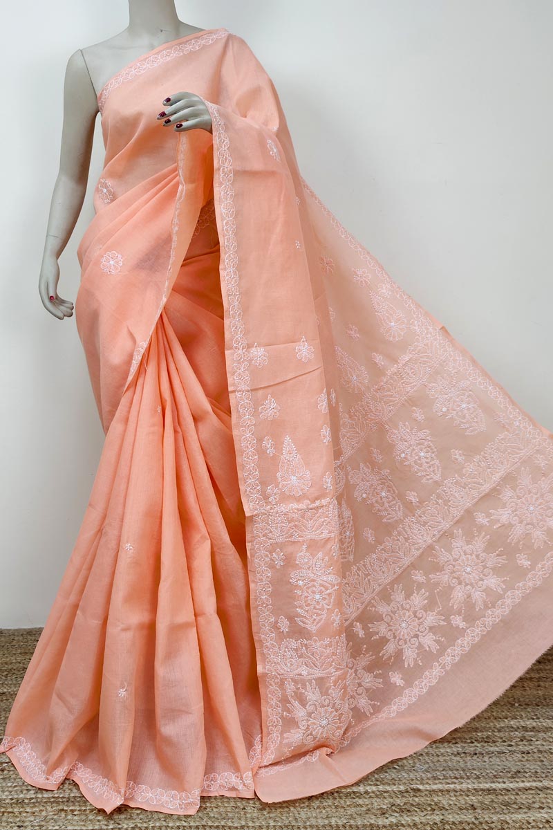 Orange Color Hand Embroidered Lucknowi Chikankari Saree (With Blouse - Cotton) MC252740